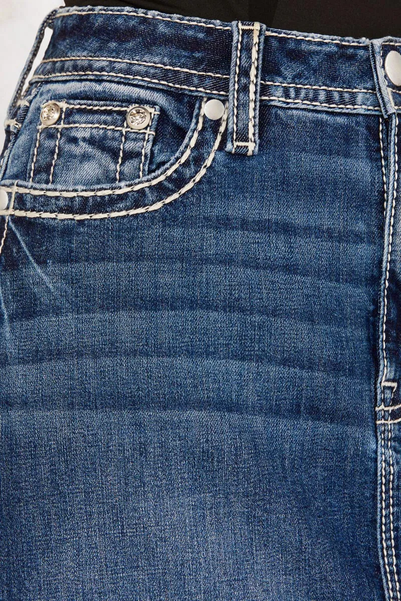 Split Stitch Detail Wash Mid Waist Midi Denim Skirt
