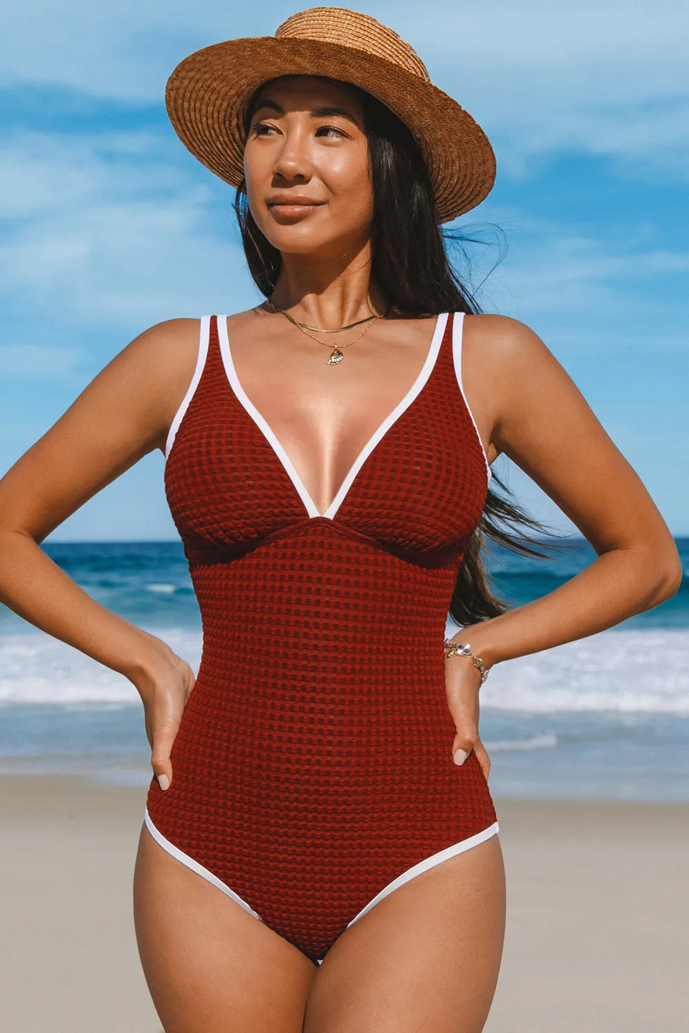 Red Plunging Waffle Texture One-Piece