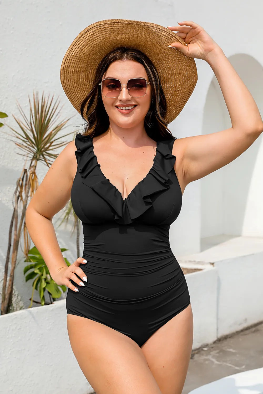 Retro Black Ruffled Slim Sculpt One-Piece