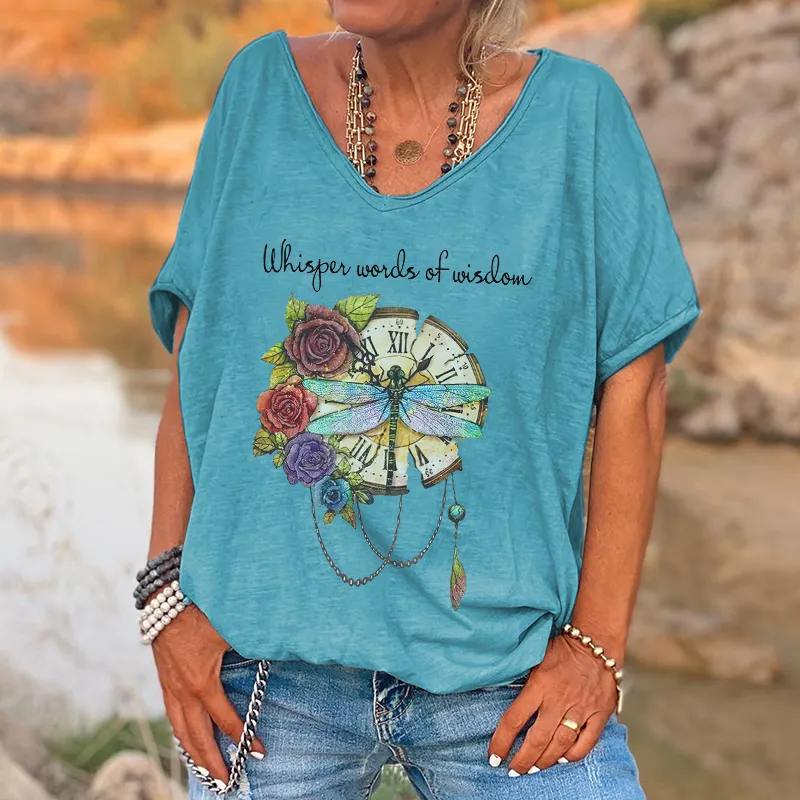 Whisper Words Of Wisdom Print Dragonfly And Flowers Graphic Tees