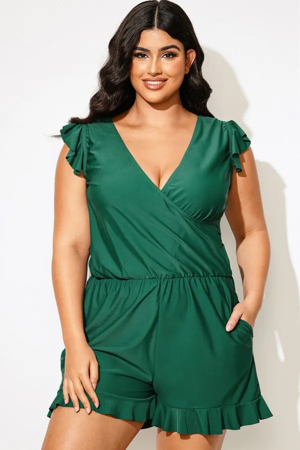 Plus Size Crossed V-neck Ruffle Shoulder One Piece Swimsuit