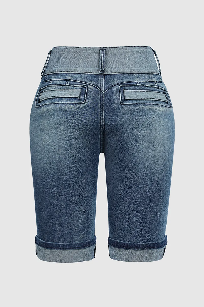 Two Tone Button Detail Ripped Roll Hem Mid Rise Denim Bermuda Shorts
