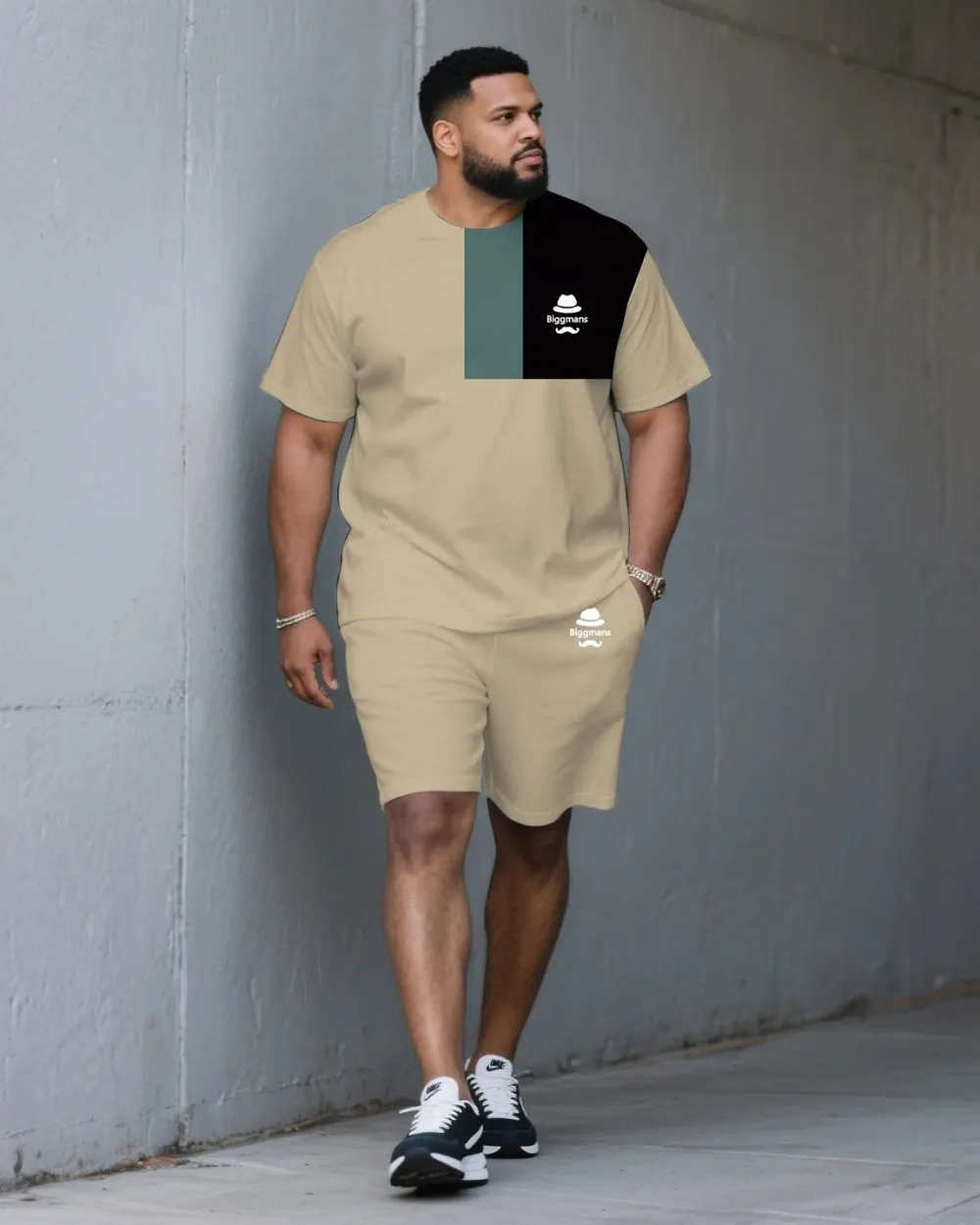 Big & Tall Men's Gradient Contrast Color Crewneck Short-sleeved T-shirt and Shorts Suit