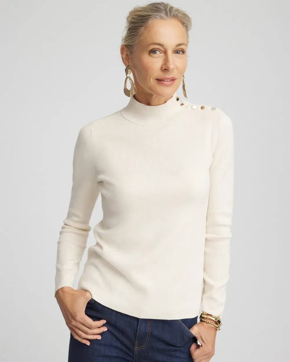 EcoveroTM Button Mock Neck Sweater