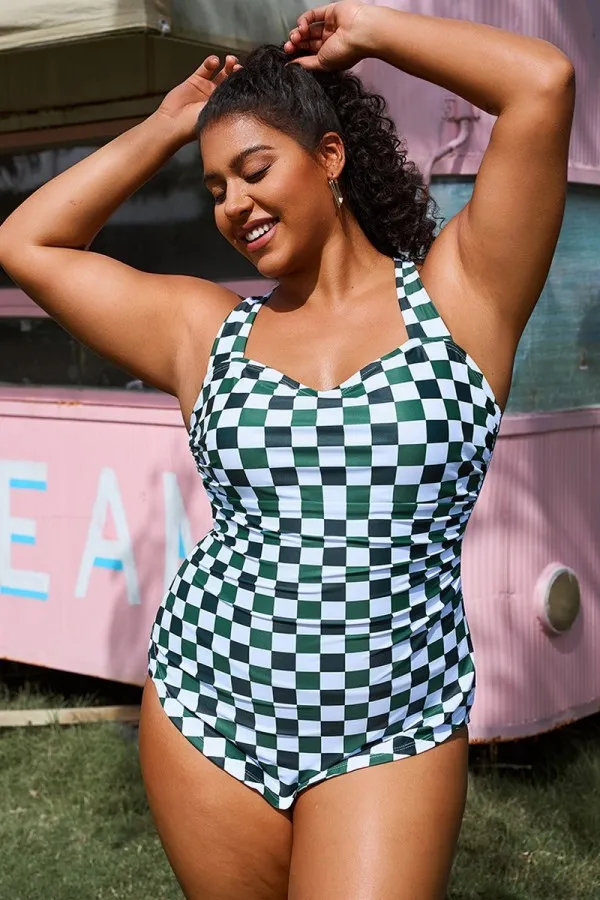 Light Green Check Sarong Front One Piece Swimsuit