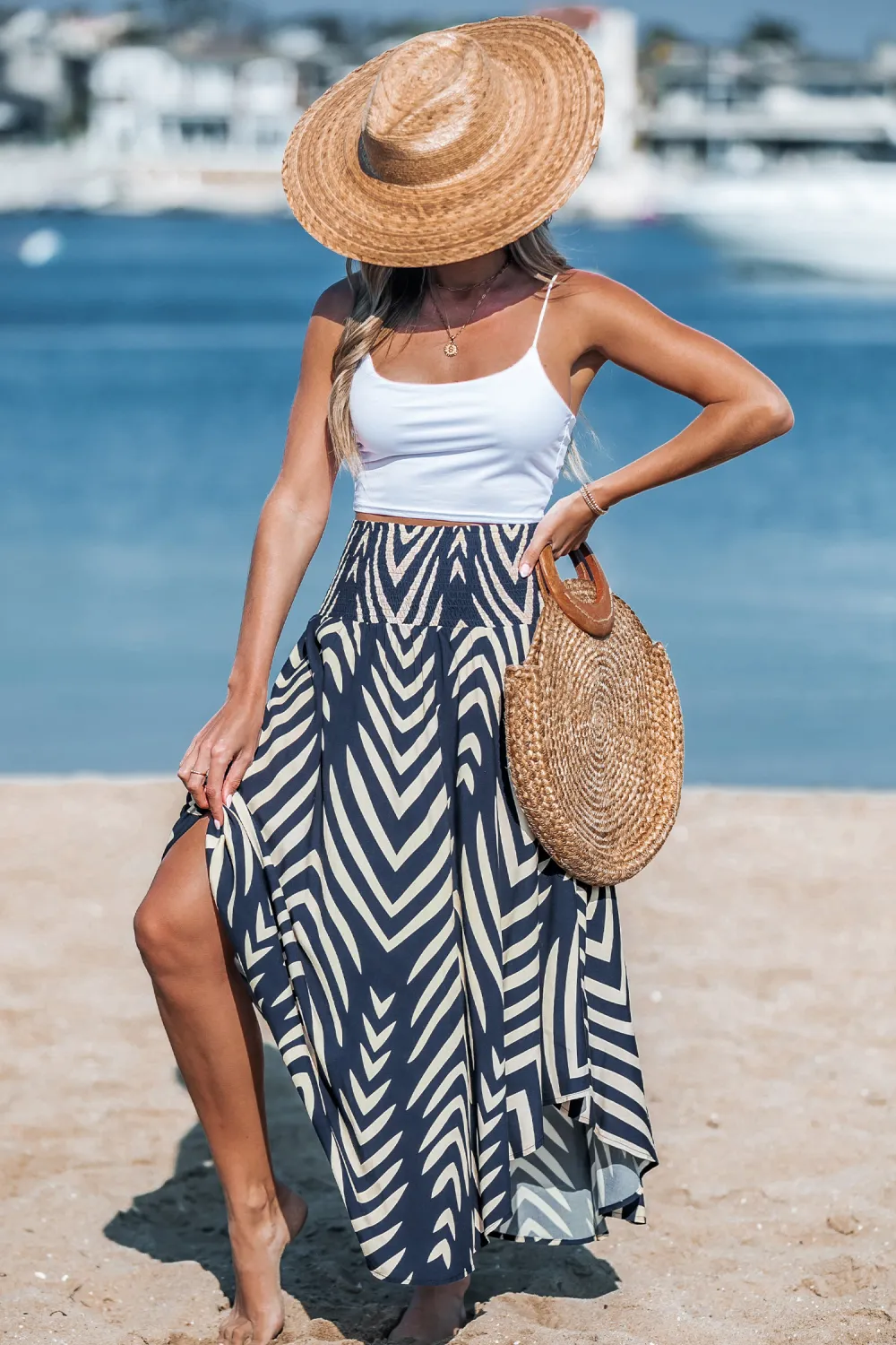 Navy Abstract Smocked Waist Midi Skirt
