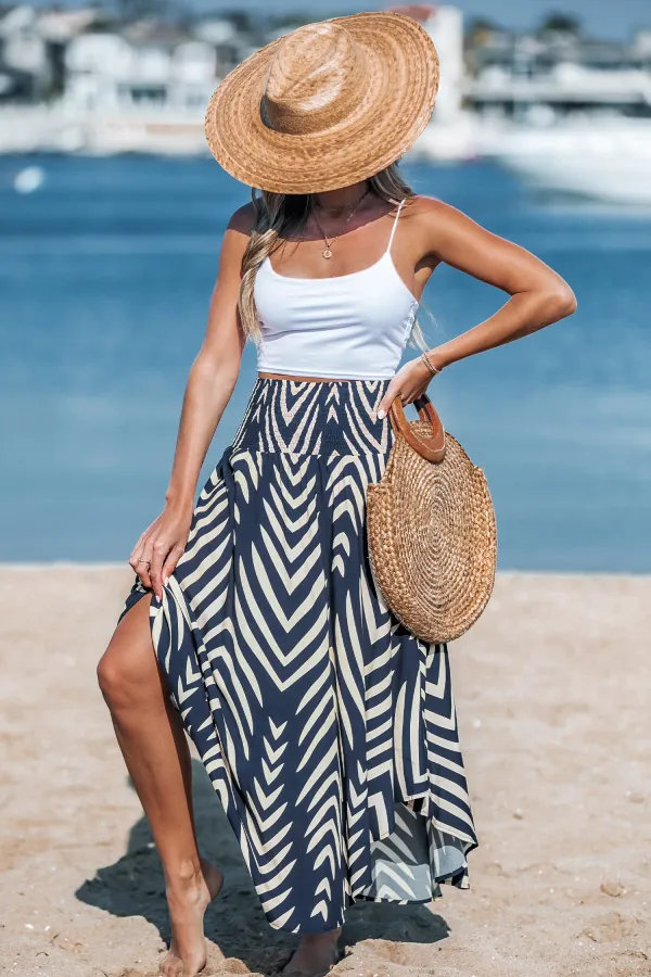 Navy Abstract Smocked Waist Midi Skirt