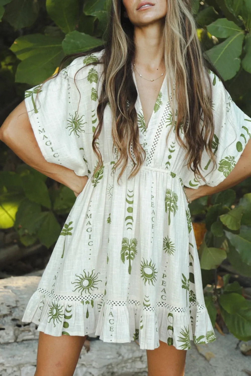White And Green Palm Print V Neck Mini Dress