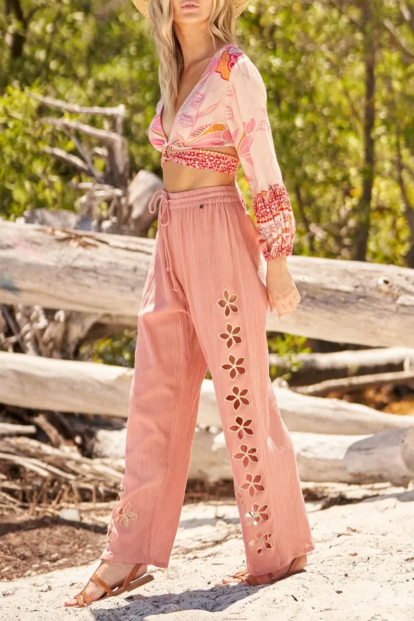 Pink Embroidered Wide Leg Pants