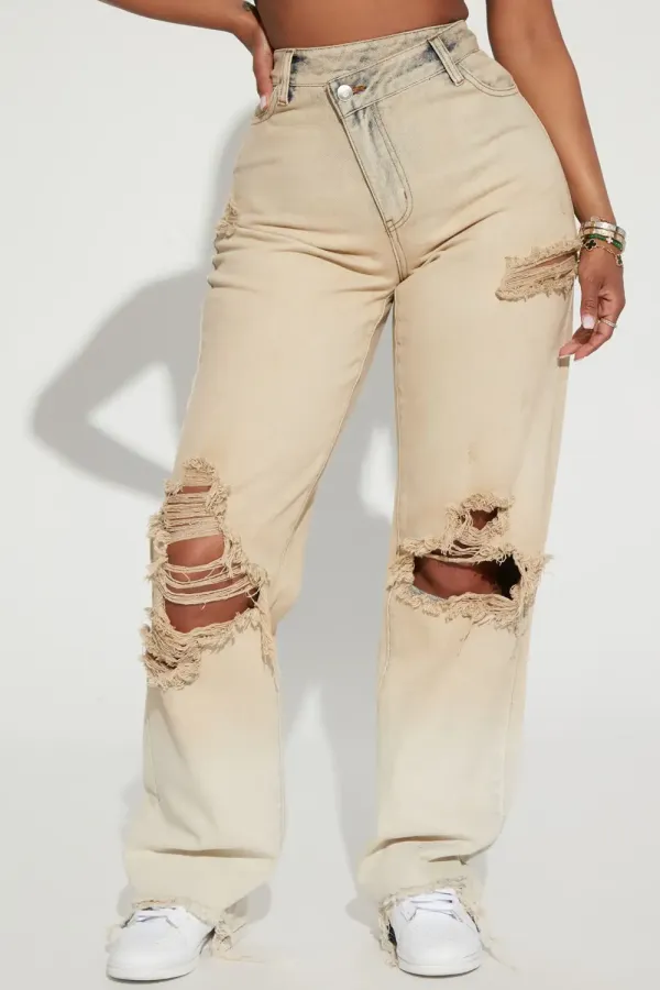 Quite The Catch Crossover Non Stretch Straight Leg Jeans - Beige