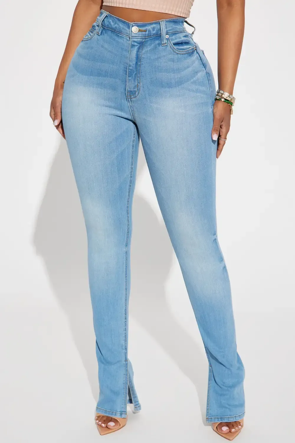Get My Good Side Slit Premium Stretch Skinny Jeans - Light Blue Wash