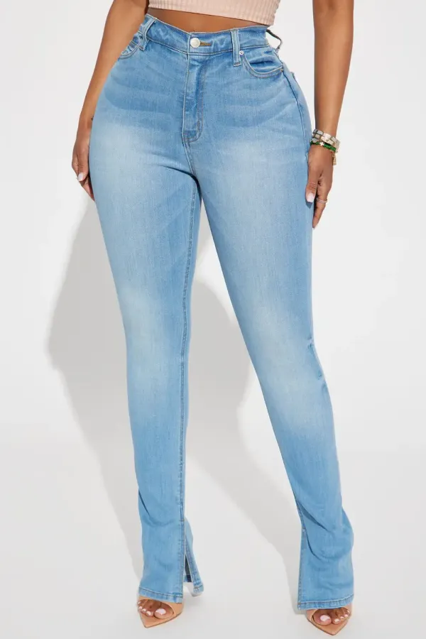 Get My Good Side Slit Premium Stretch Skinny Jeans - Light Blue Wash