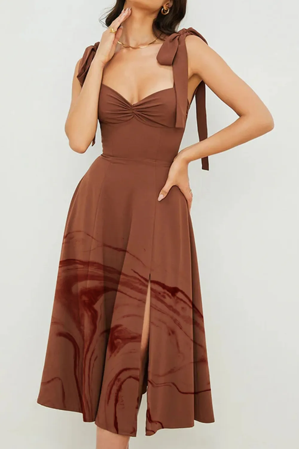 Tie Strap Fit & Flare High Slit Slip Midi Dress - Chocolate