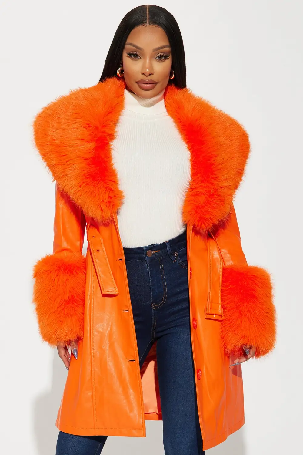 High Class Fur Trim Coat - Orange