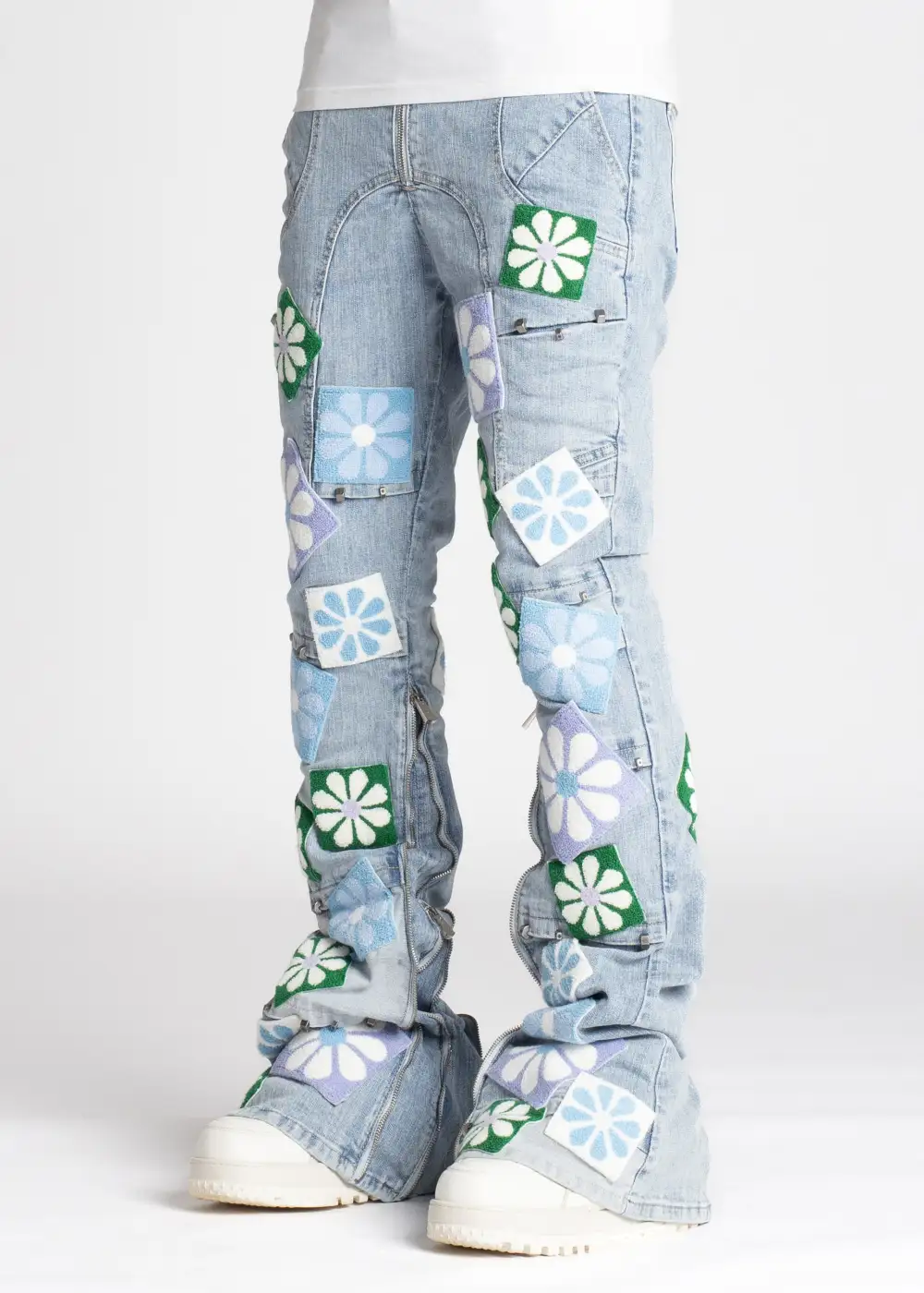 Aqua Blue Flowers Denim