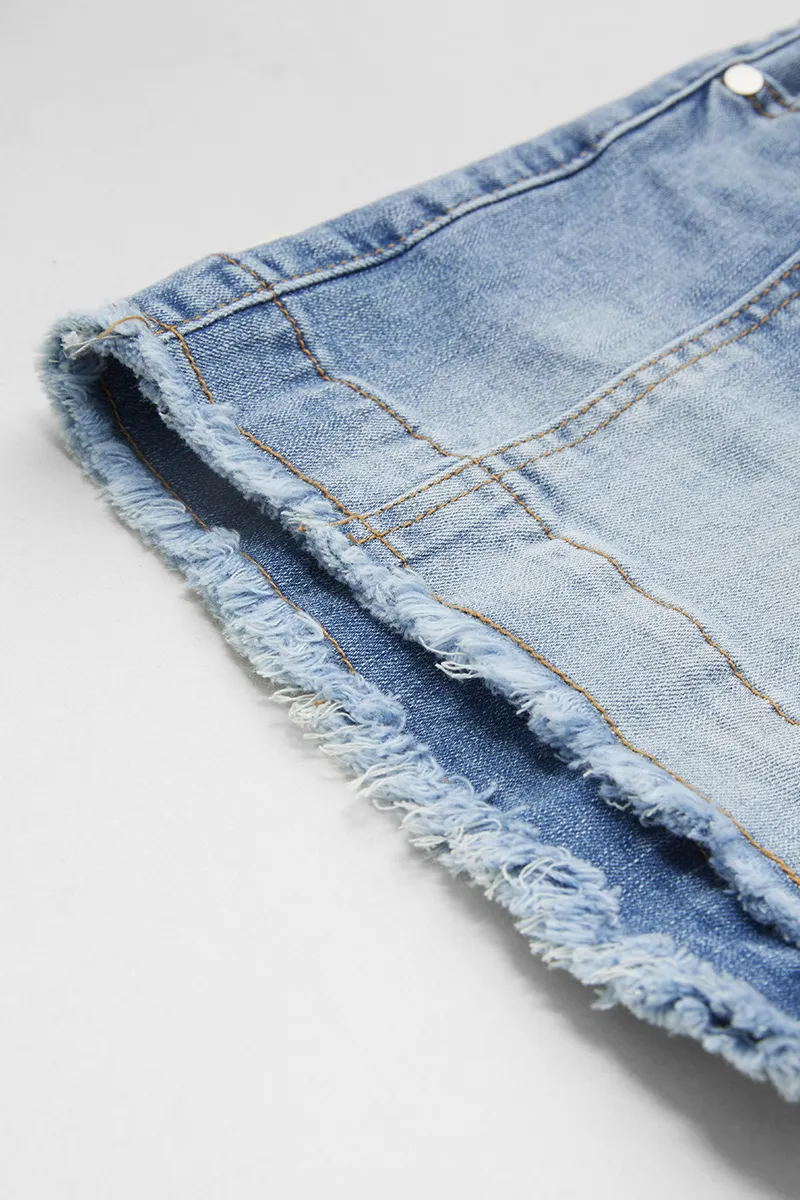 Raw Trim Ripped Dual Button High Waist Denim Shorts