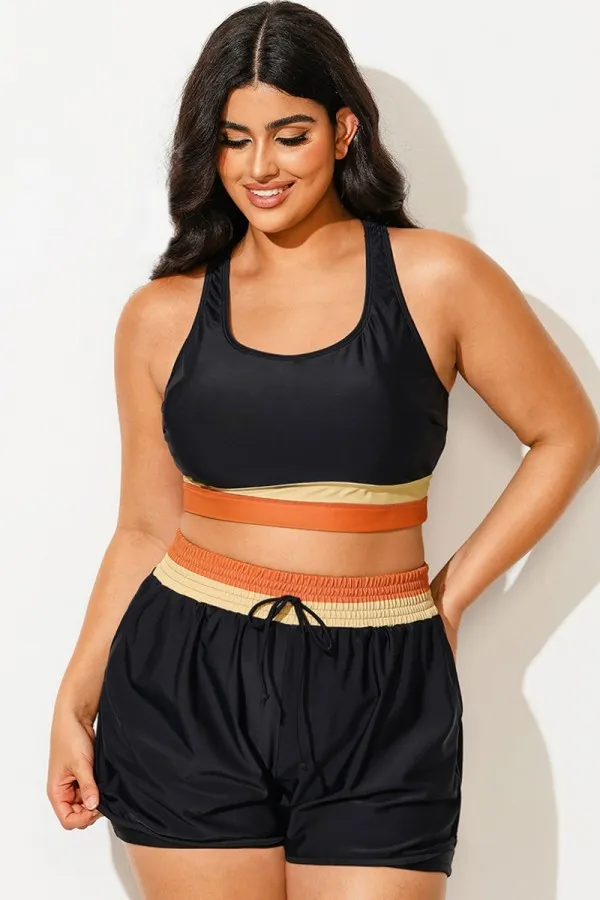 Plus Size Round Neck Orange Patchwork Bikini Top