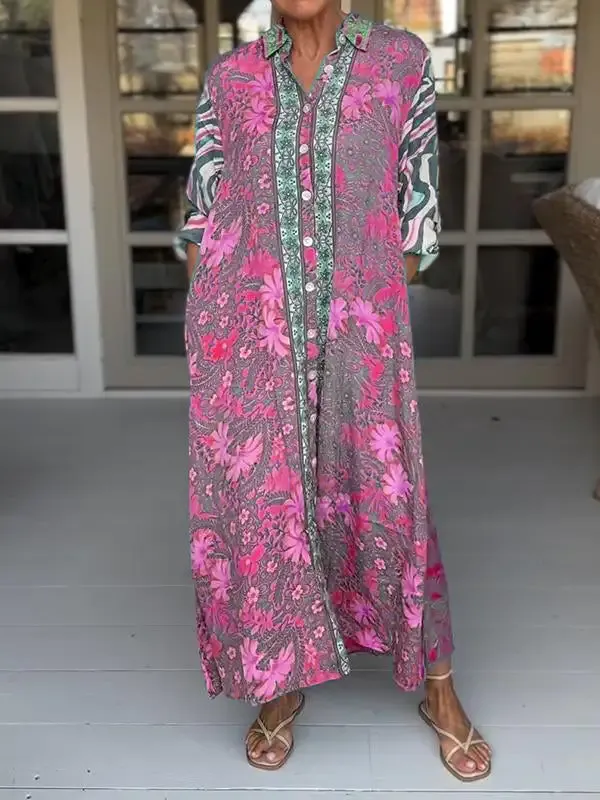Women Sundress Boho Casual Lapel Loose Printed Dress