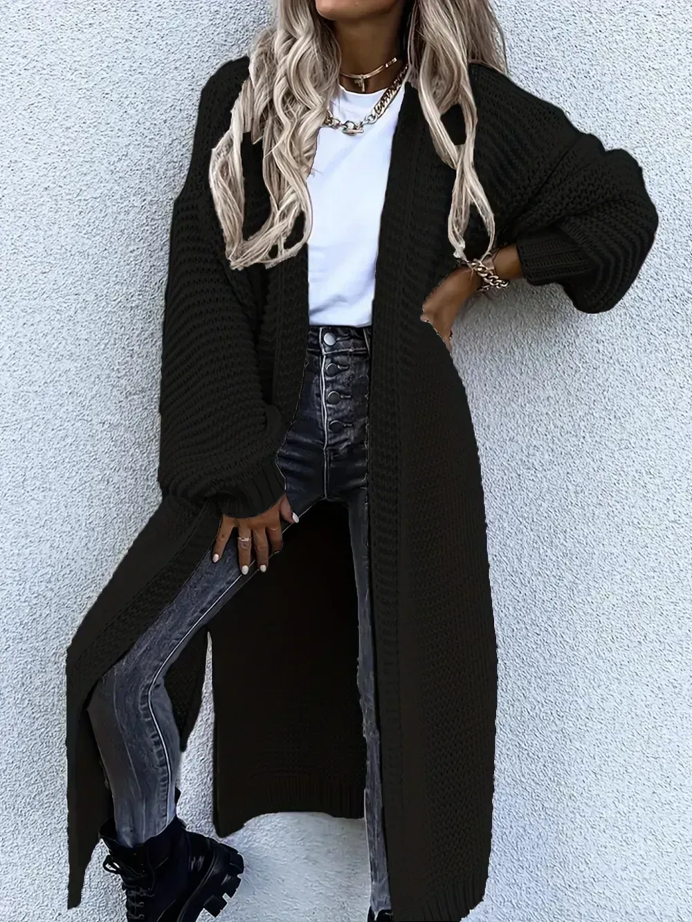 Solid Open Front Side Split Cardigan, Casual Long Sleeve Cardigan For Spring & Fall, Women's Clothing