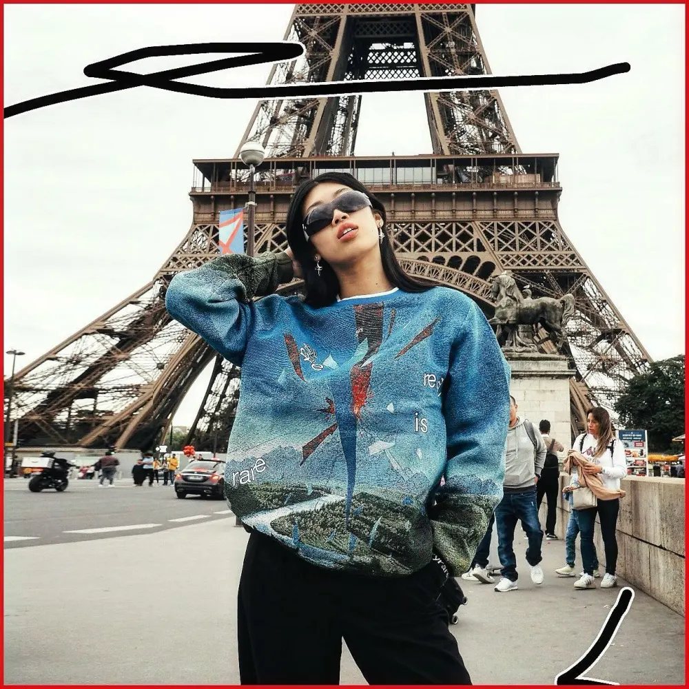Blue Sweater Renaissance Street Wear Fashion Printing Seasonal Trend Special Design