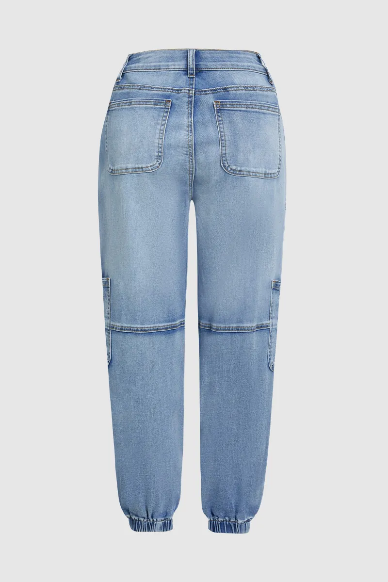 Multi Pocket Button Fly Mid Rise Straight Leg Jeans Without Belt