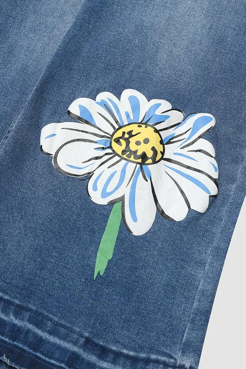 Floral Pattern Crop Mid Rise Wide Leg Jeans Without Belt