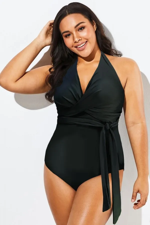 Black V-Neck Wrap Halter One Piece Swimsuit