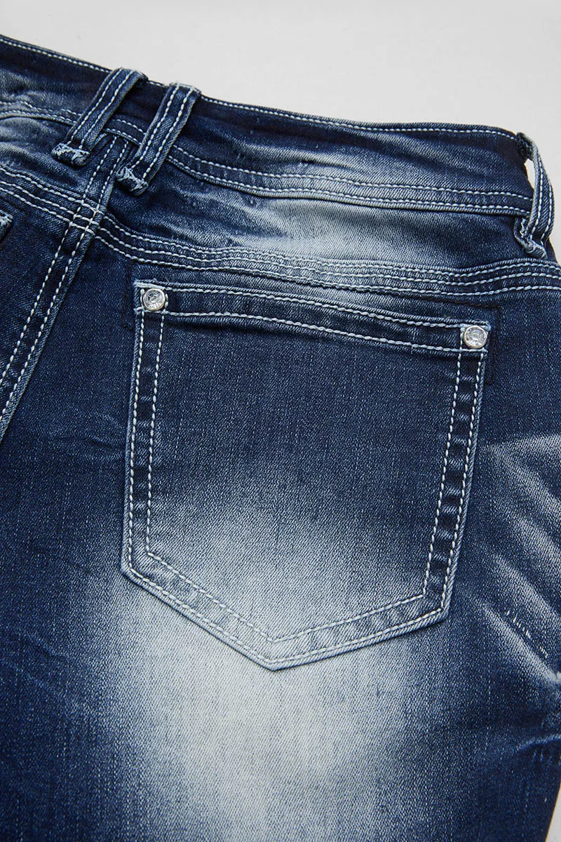 Washed Stretchy Stitch Detail Mid Rise Denim Bermuda Shorts