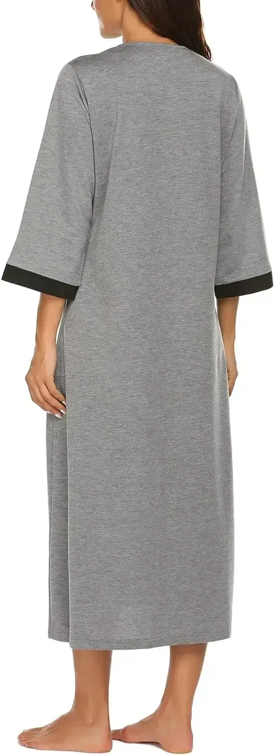 Women Zipper Robe 3/4 Sleeves Loungewear Dress Full Length Sleepwear Pockets Housecoat Nightgown Long Bathrobe