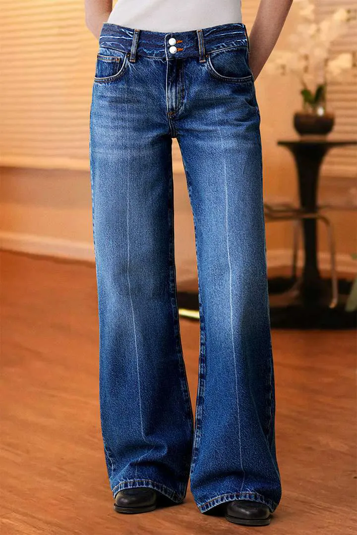 Double Button Wash Mid Waist Straight Leg Jeans