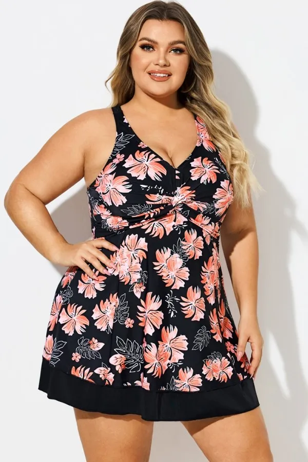 Plus Size Floral Print V-Neck Crisscross Back Swimdress
