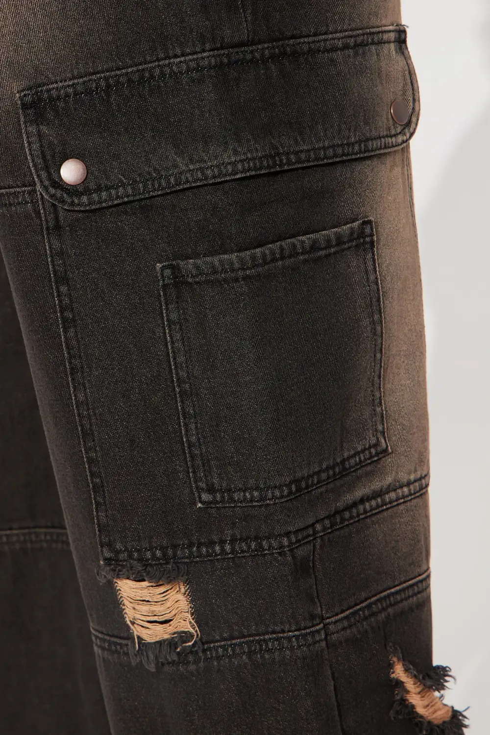 Night Sky Ripped Tinted Non Stretch Cargo Jeans - Black Wash