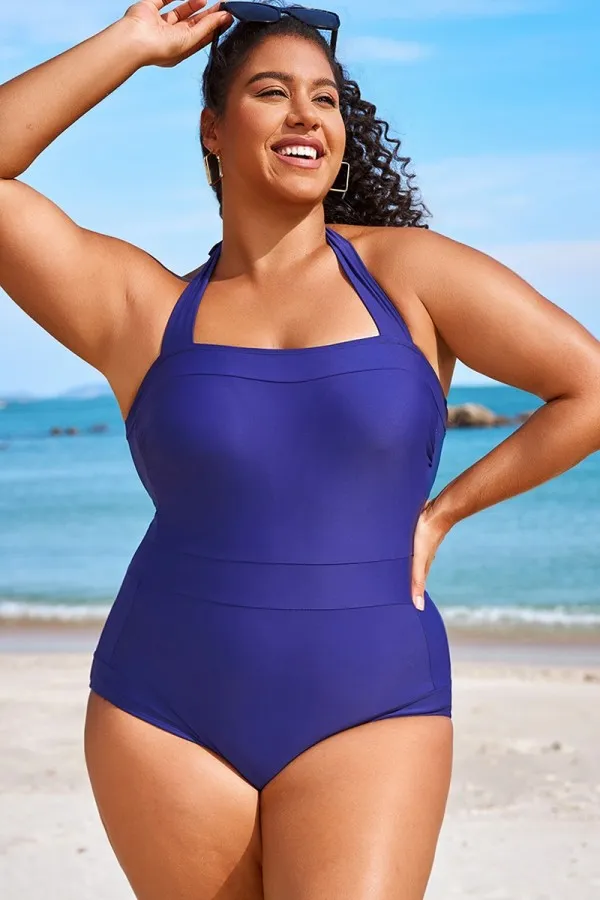 Navy Square Neck Halter One Piece Swimsuit
