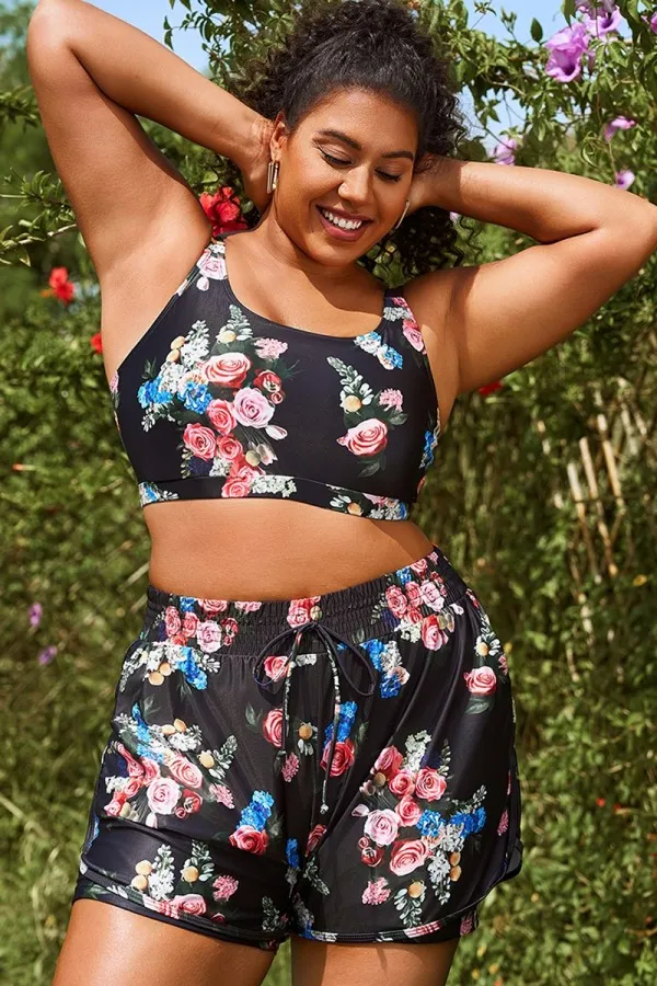 Floral Print Round Neck Wide Strap Bikini Top