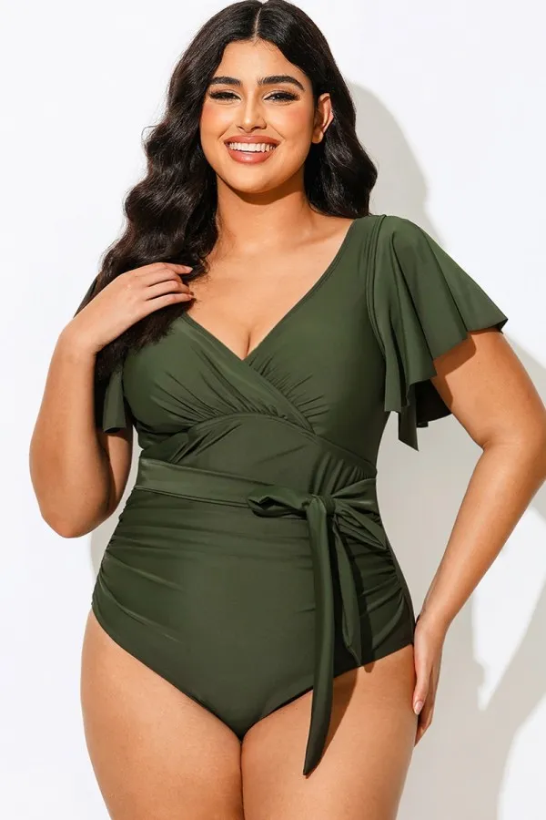 Green V-Neck Ruffle Sleeve One Piece Swimsuit