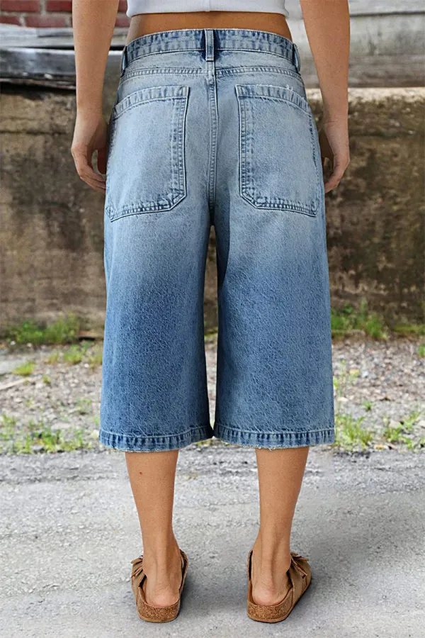 Ripped Mid Waist Straight Leg Capri Jeans