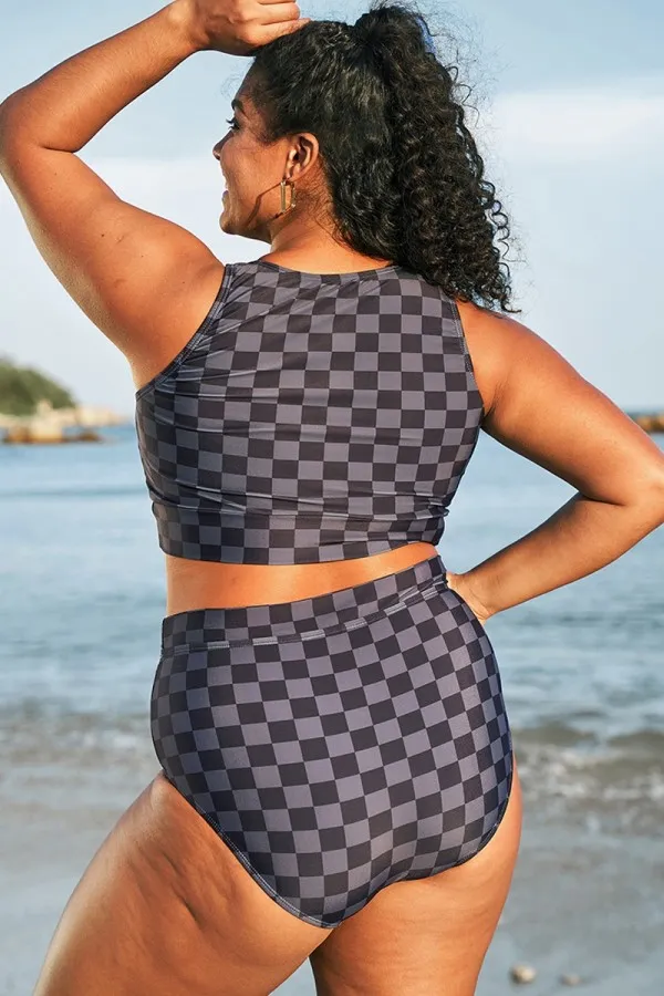Black Grey Check Knotted Crop Bikini Top