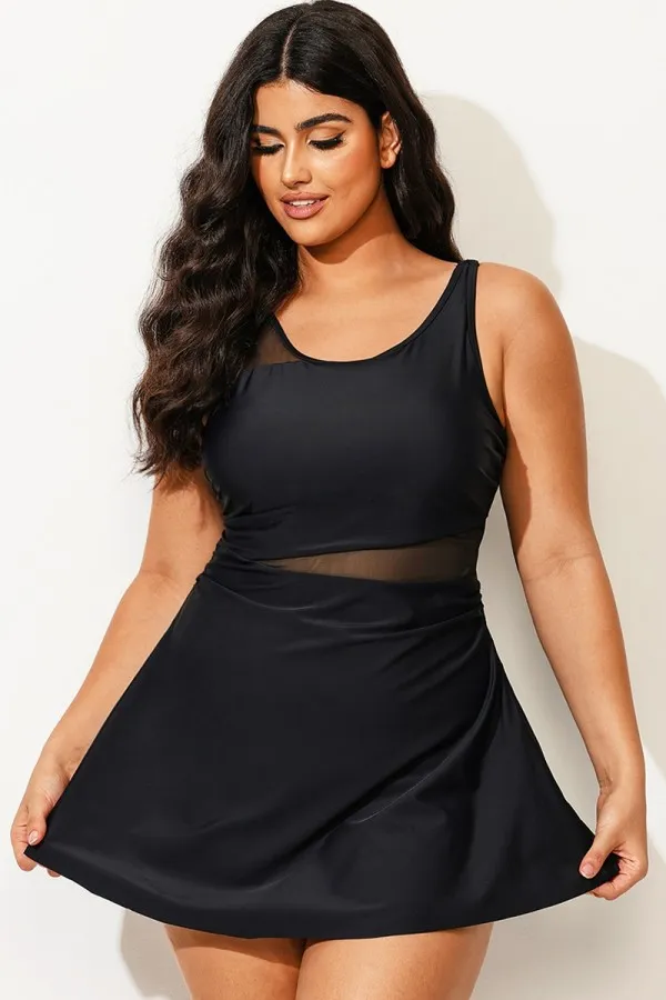Plus Size V-Neck Black Mesh Panel Swimdress
