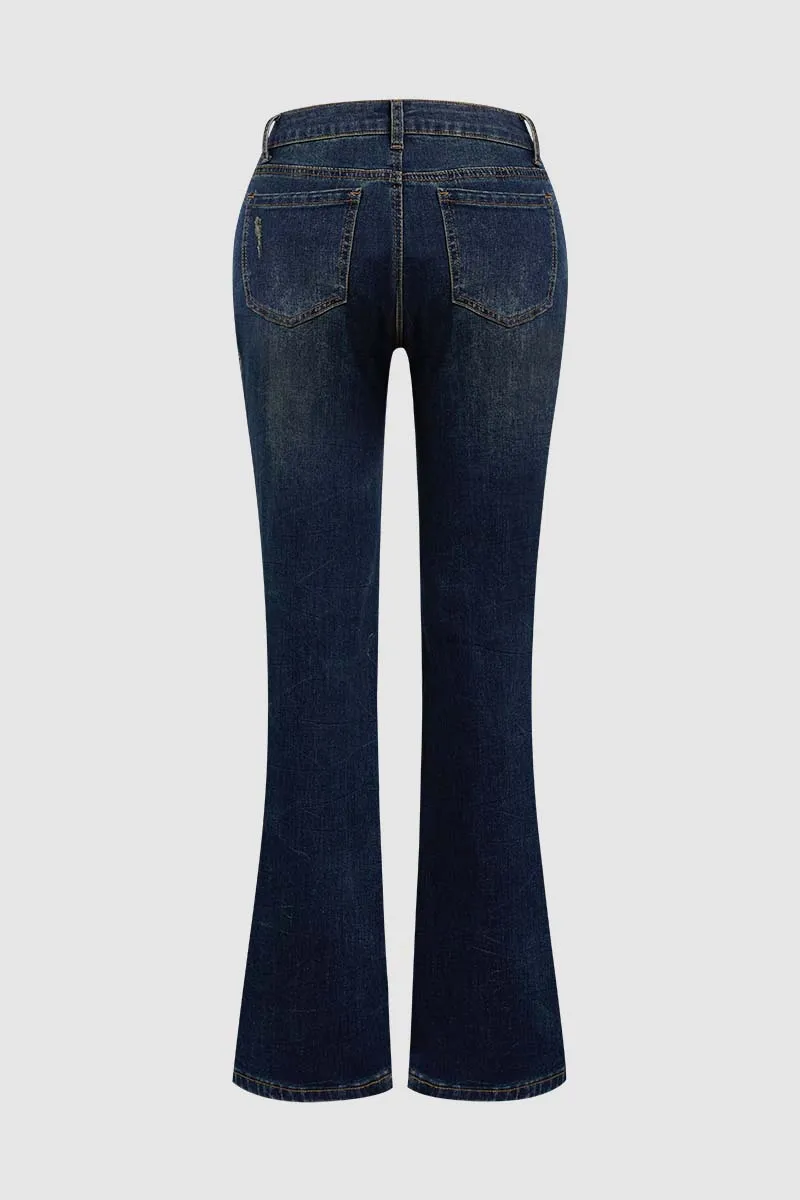 Wash Ripped Low Waist Flare Jeans Without Belt