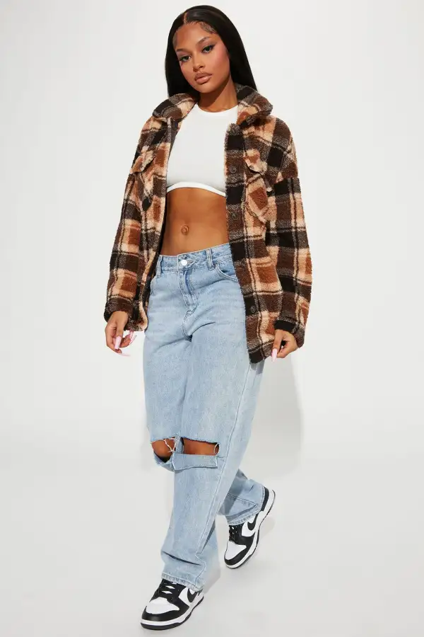 Feels Like Fall Sherpa Shacket - Camel/combo