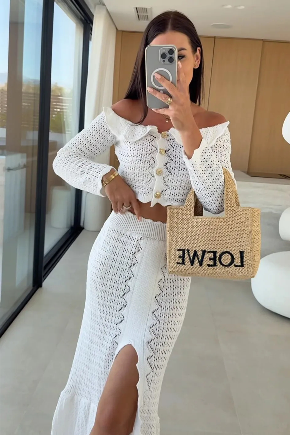 Women'S Fashion Hollow Stretch Knit Top And Skirt Two-Piece Set