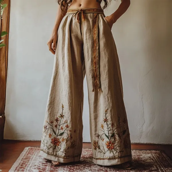 Vintage Floral Embroidered Linen Blend Casual Pants