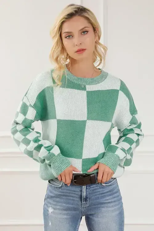 Checkered Drop Shoulder Long Sleeve Sweater AC