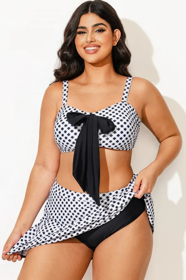 Black & White Check Knotted Crop Bikini Top