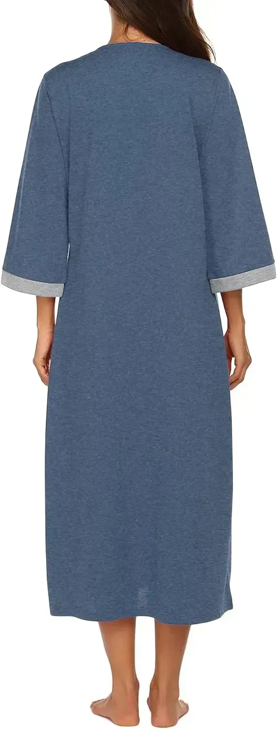 Women Zipper Robe 3/4 Sleeves Loungewear Dress Full Length Sleepwear Pockets Housecoat Nightgown Long Bathrobe