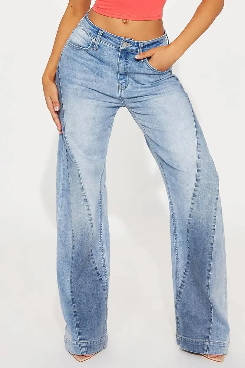 Wash Colorblock Seam Detail Mid Rise Wide Leg Jeans