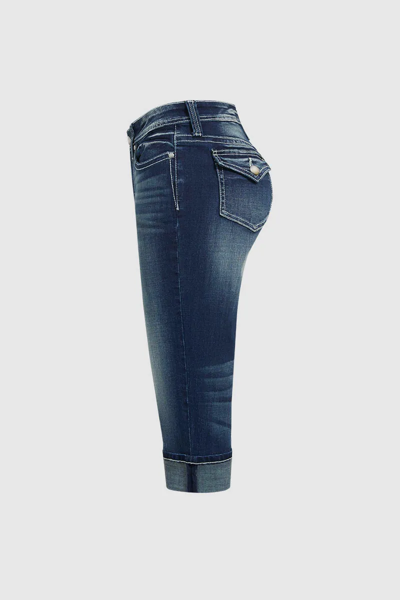 Pocket Detail Roll Hem Mid Waist Capri Jeans