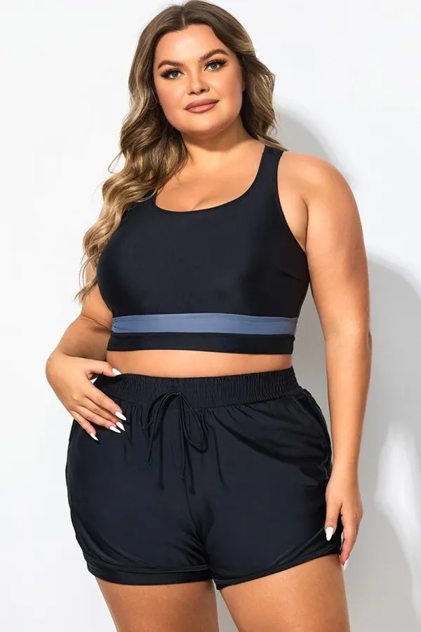 Plus Size Round Neck Black Patchwork Bikini Top