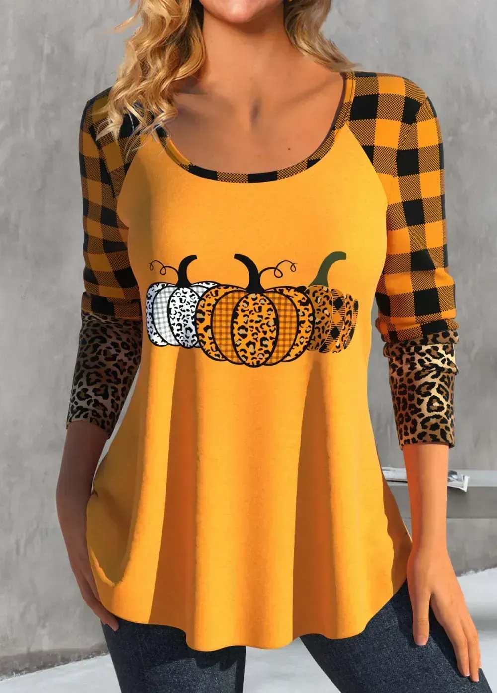 Orange Patchwork Halloween Print Long Sleeve T Shirt