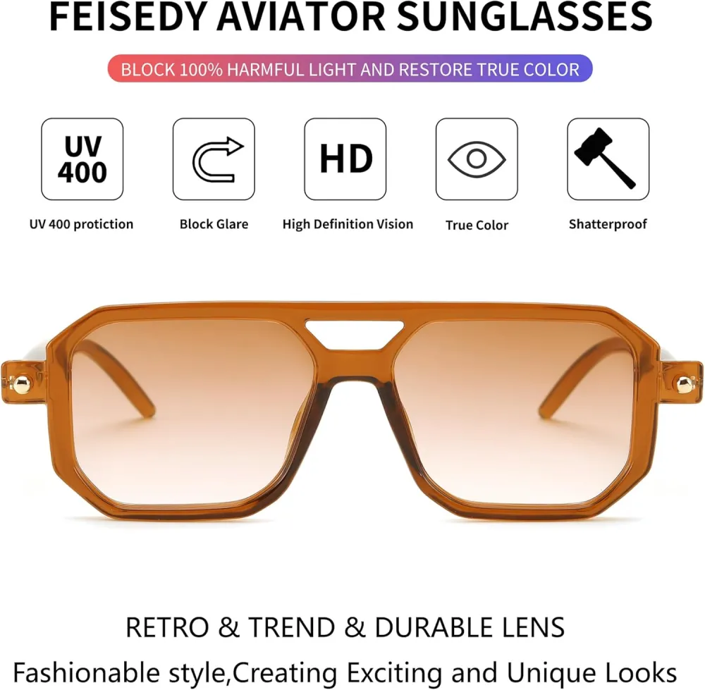 FEISEDY Vintage Square 70s Flat Aviator Sunglasses Women Men Classic Retro Stylish Frame UV400 Sunglasses B2622
